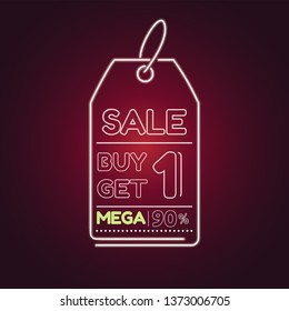 Label Neon Mega Sale, By 1 Get 1, discount 90% off, vector illustration
