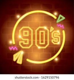 label nineties sign retro style neon light vector illustration design