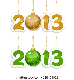 Label with the number 2013 with New Year's ball on a white background. Christmas decor