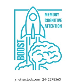 Label for Nutrient Supplement - Boost Memory, Cognitive, Attention. With rocket launching as a metaphor. In bold line