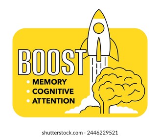 Etiqueta para el suplemento de nutrientes - Boost Memory, Cognitive, Atención. Con el lanzamiento de cohetes como metáfora. En línea fina y con relleno amarillo