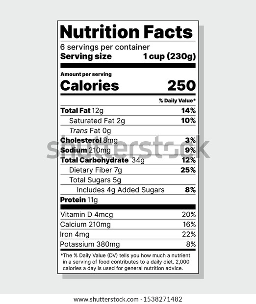 Label Nutrition facts. Vector. Food\
information with daily value. Package template. Data table\
ingredients calorie, fat, sugar, cholesterol. Standard vertical\
design isolated on gray\
background