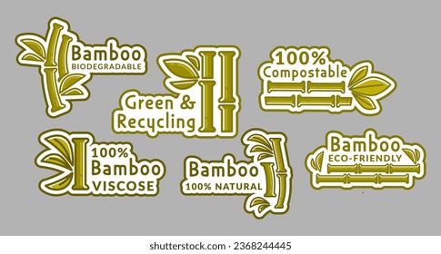 Label offer set for bamboo product package. White tag collection with biodegradable, compostable and recycling quality signs. Flat bamboo plant at label, package decoration