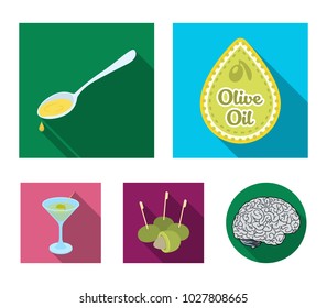 Label of olive oil, spoon with a drop, olives on sticks, a glass of alcohol. Olives set collection icons in flat style vector symbol stock illustration web.