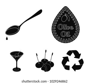 Label of olive oil, spoon with a drop, olives on sticks, a glass of alcohol. Olives set collection icons in black style vector symbol stock illustration web.