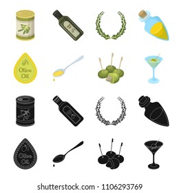 Label of olive oil, spoon with a drop, olives on sticks, a glass of alcohol. Olives set collection icons in black,cartoon style vector symbol stock illustration web.