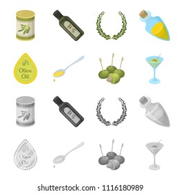 Label of olive oil, spoon with a drop, olives on sticks, a glass of alcohol. Olives set collection icons in cartoon,monochrome style vector symbol stock illustration web.