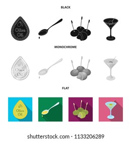 Label of olive oil, spoon with a drop, olives on sticks, a glass of alcohol. Olives set collection icons in black, flat, monochrome style vector symbol stock illustration web.