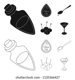 Label of olive oil, spoon with a drop, olives on sticks, a glass of alcohol. Olives set collection icons in black,outline style vector symbol stock illustration web.