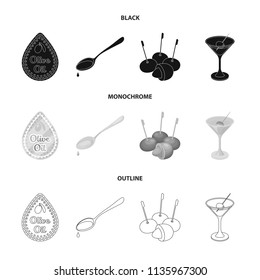 Label of olive oil, spoon with a drop, olives on sticks, a glass of alcohol. Olives set collection icons in black,monochrome,outline style vector symbol stock illustration web.