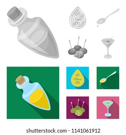 Label of olive oil, spoon with a drop, olives on sticks, a glass of alcohol. Olives set collection icons in monochrome,flat style vector symbol stock illustration web.