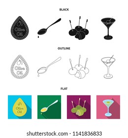 Label of olive oil, spoon with a drop, olives on sticks, a glass of alcohol. Olives set collection icons in black,flat,outline style vector symbol stock illustration web.