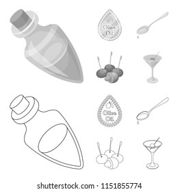 Label of olive oil, spoon with a drop, olives on sticks, a glass of alcohol. Olives set collection icons in outline,monochrome style vector symbol stock illustration web.