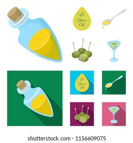 Label of olive oil, spoon with a drop, olives on sticks, a glass of alcohol. Olives set collection icons in cartoon,flat style vector symbol stock illustration web.