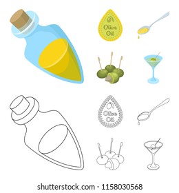 Label of olive oil, spoon with a drop, olives on sticks, a glass of alcohol. Olives set collection icons in cartoon,outline style vector symbol stock illustration web.