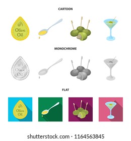 Label of olive oil, spoon with a drop, olives on sticks, a glass of alcohol. Olives set collection icons in cartoon,flat,monochrome style vector symbol stock illustration web.