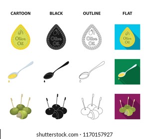 Label of olive oil, spoon with a drop, olives on sticks, a glass of alcohol. Olives set collection icons in cartoon,black,outline,flat style vector symbol stock illustration web.