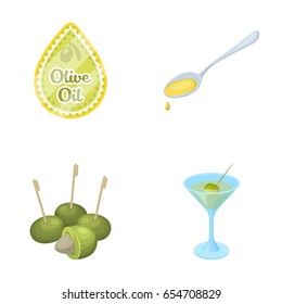 Label of olive oil, spoon with a drop, olives on sticks, a glass of alcohol. Olives set collection icons in cartoon style vector symbol stock illustration web.