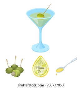 Label of olive oil, spoon with a drop, olives on sticks, a glass of alcohol. Olives set collection icons in cartoon style vector symbol stock illustration web.