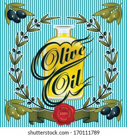 label with olive oil, sprigs of olives and  stamp