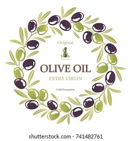 Label for olive oil wreath of black and green olives