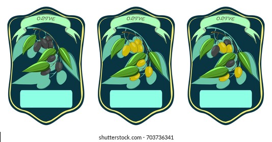 Label for olives, hand drawn templates for olives packaging. Green design, sketch for olive series green, black, mix olives, natural cosmetics, health care products, with place for text. Vector EPS10.