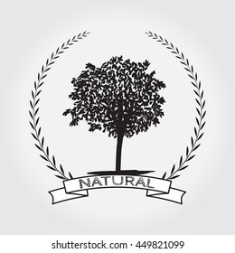 Label on the basis of a tree drawn by hand with sign natural. Travel and ecology concept. Perfect as emblems, labels and badges. Vintage emblem with tree silhouette. EPS 8