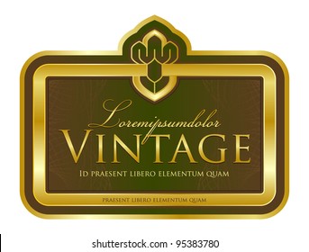 The label on the bottle with the coat and decorative frame in a metal tone