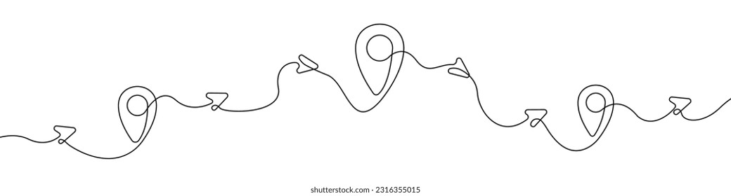 Label on map icon line continuous drawing vector. One line Location icon vector background. Arrow location icon. Continuous outline of a Path along location markers.