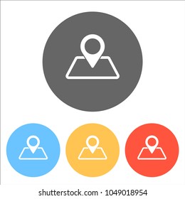 label on map. simple silhouette. Set of white icons on colored c