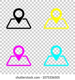 label on map. simple silhouette. Colored set of cmyk icons on tr