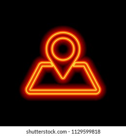 label on map. simple silhouette. Orange neon style on black background. Light icon