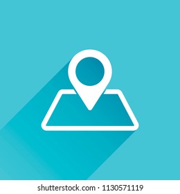 label on map. simple silhouette. Gray icon with long shadow in bottom left corner on blue background