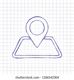 label on map. simple silhouette. Hand drawn picture on paper sheet. Blue ink, outline sketch style. Doodle on checkered background