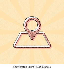 label on map. simple silhouette. Vintage retro typography with offset printing effect. Dots poster with comics pop art background