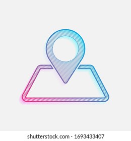 label on map. simple silhouette. Colored logo with diagonal lines and blue-red gradient. Neon graphic, light effect