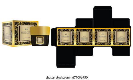 Label on packaging container with black and gold luxury box design, mockup box, illustration vector