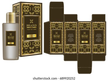 Label on packaging container with gold luxury box design template and mockup. Illustration vector