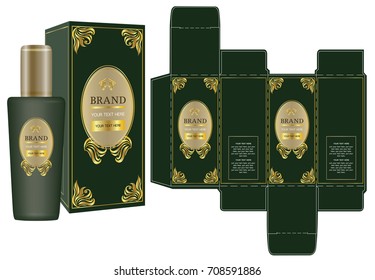 Label on packaging container with gold and green luxury box design template and mockup box. Illustration vector