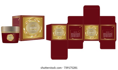 Label on packaging container with gold luxury box design template and mockup box. Vector illustration.