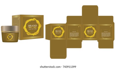 Label on packaging container with gold luxury box design template and mockup box. Vector illustration.