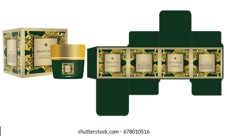 Label on packaging container with green and gold luxury box design template and mockup box, illustration vector