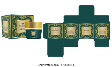 Label on packaging container with green and gold luxury box design template and mockup box. Illustration vector