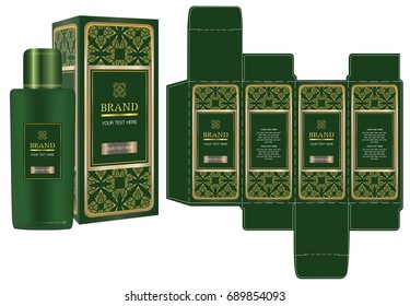 Label on packaging container with green and gold luxury box design template and mockup box. Illustration vector