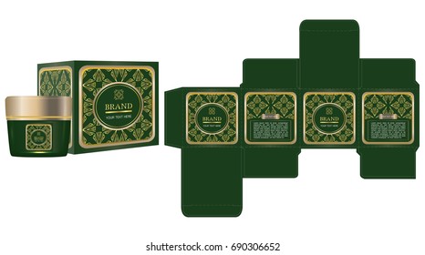Label on packaging container with green and gold luxury box design template and mockup box. Illustration vector