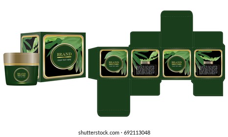 Label on packaging container with green luxury box design template and mockup box. Natural concept. Illustration vector