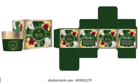 Label on packaging container with green tropical box design template and mockup box. Illustration vector