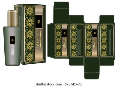 Label on packaging container with green and gold luxury box design template and mockup box. Illustration vector