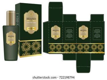 Label on packaging container with green and gold luxury box design template and mockup box. Illustration vector