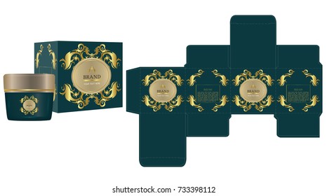 Label on packaging container with luxury box design template and mock-up box. Vector illustration.
